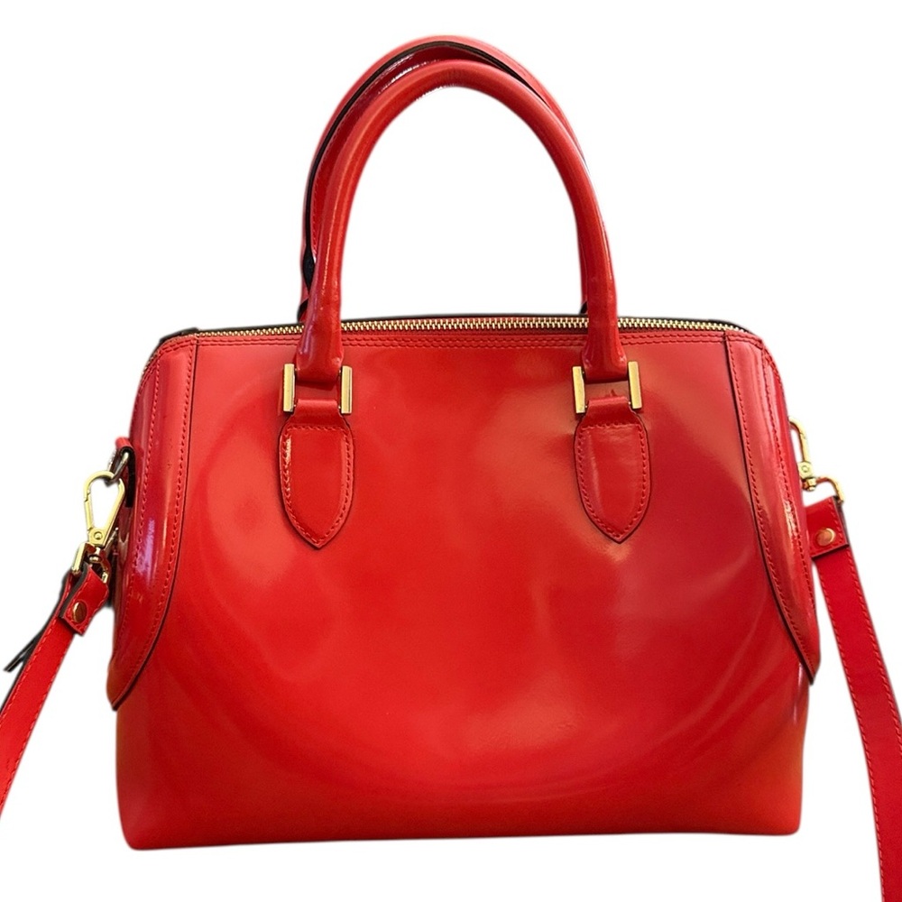 Italian Leather Red Satchel Crossbody Shoulder Bag Patent Gold Hardware Feet - Picture 2 of 16